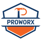 Logo featuring a blue and orange outlined house shape with a stylized letter P forming a hammer at the top, highlighting Post Frame Buildings. PROWORX is written below in bold blue letters over an orange background.