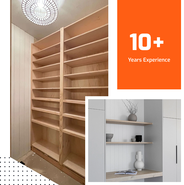 Wooden shelving units, one unfinished and one styled with decor, are shown. A bold orange square to the right highlights 10+ Years Experience in white text, suggesting expertise in shelving or carpentry.