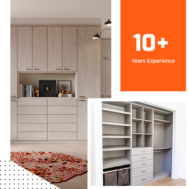 Collage showing modern built-in cabinets and shelving, a colorful patterned rug, and a bold orange box with the text 10+ Years Experience.