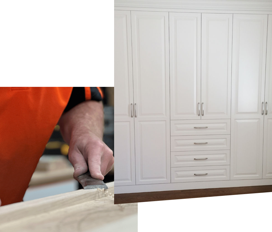 Close-up of a person in an orange shirt working on wood with a tool, next to a white built-in wardrobe with multiple doors and drawers.
