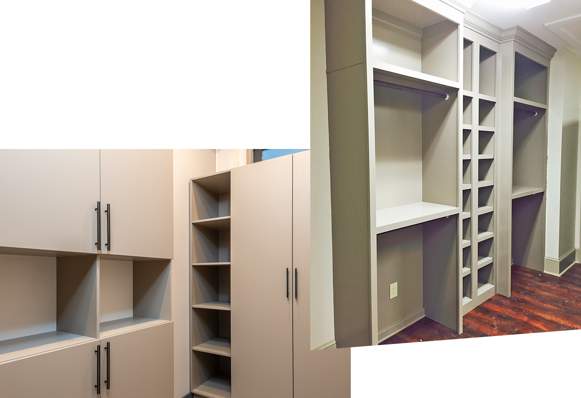 Two views of modern, built-in closet units with open shelves, hanging rods, and closed cabinets, featuring neutral-toned finishes and sleek black handles, set against a wooden floor.
