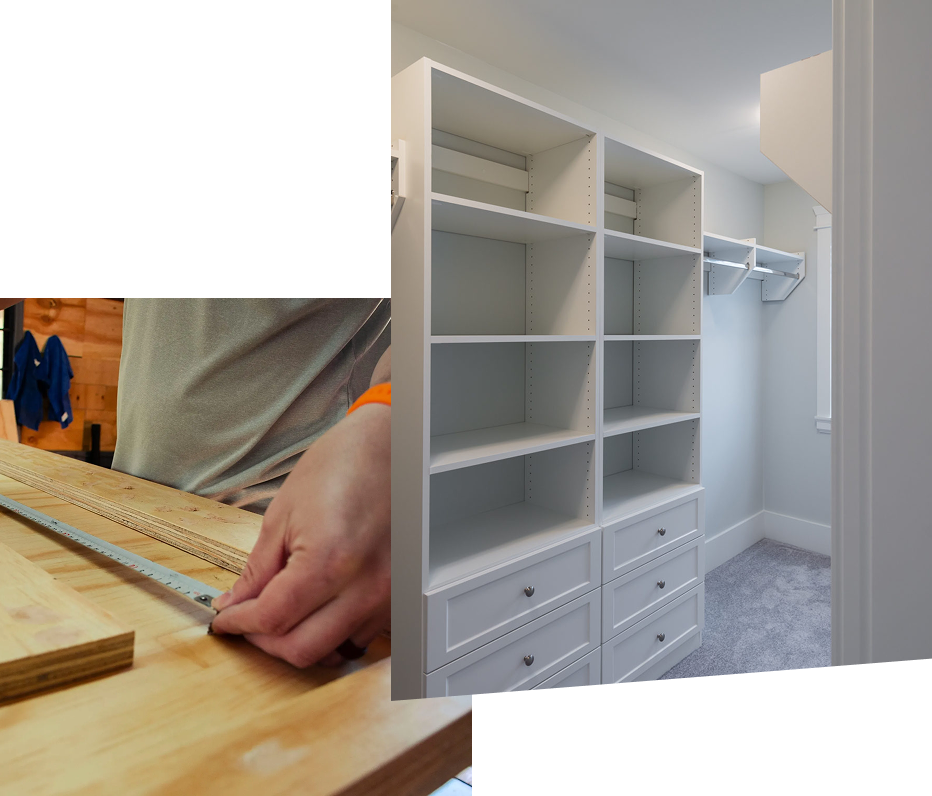 A person measures wood with a tape measure on a workbench; beside it is a finished, white custom closet with shelves, drawers, and hanging rods in a carpeted room.