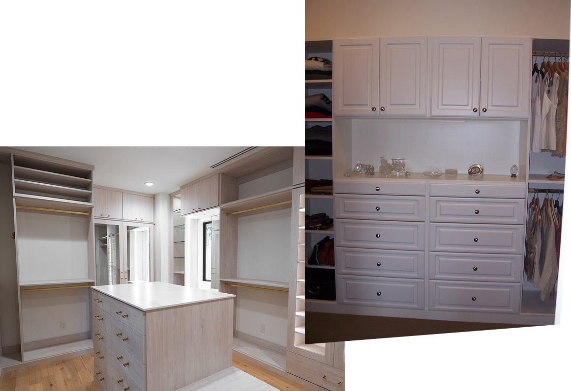 Two images of a walk-in closet: one shows a spacious white closet with built-in shelves and a central island; the other shows white cabinets with multiple drawers and hanging clothes on the sides.