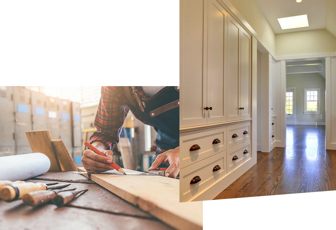 A person in a workshop measures wood beside tools, while a separate photo shows a bright hallway with built-in cabinetry and polished wooden floors in a home.